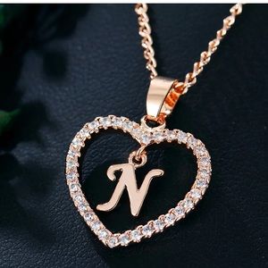 Gold Letter N Love Heart Crystal Pendant necklace